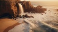 Sandy Beach Waterfall At Sunset: Hyper-realistic 8k Imagery Royalty Free Stock Photo