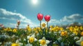 Sunny Field Blooms: Vibrant Tulips and Daffodils in Full Spring Bloom Royalty Free Stock Photo