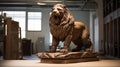 Intricate Hand-Carved Lion Sculpture on Mahogany Pedestal