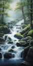 Serene Stream: A Realistic Marine Painting Of A Forest Waterfall