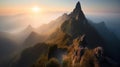 Majestic Mountain Peak Above Misty Valley at Sunset