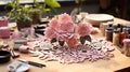 Intricate Floral Paper Cutting Crafts on Wooden Table