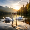 Graceful Swans in Sync: Serene Reflections of Natures Elegance