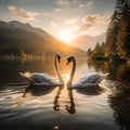 Graceful Swans in Sync: Serene Reflections of Natures Elegance
