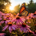 Vibrant Monarch Butterfly Amidst Dew-Covered Flowers