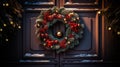Festive Christmas Wreath on Red Door, Snowy Background