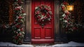 Festive Christmas Wreath on Red Door, Snowy Background