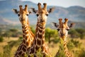 Graceful Family of Giraffes Grazing in African Savannah