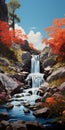 Vibrant Waterfall Painting With Red Foliage - Inspired By Paul Corfield