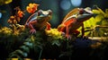 Tropical Harmony: Green Chameleon and Orange Gecko Basking in Golden Sunlight