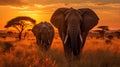 Majestic African Elephants Grazing in Serengeti