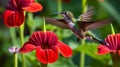 Hummingbird hovering over vibrant red flower in green garden