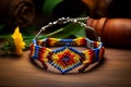 Vibrant Beadwork: Handmade Anklet on Polished Oak Table