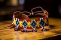 Vibrant Beadwork: Handmade Anklet on Polished Oak Table