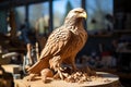 Majestic Eagle: Handcrafted Sculpture on Rustic Workbench