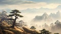Mystical Oriental Mountain: Exotic Fantasy Landscape With Pine Trees