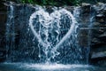 A stunning photograph capturing a majestic waterfall with a heart-shaped cascade in its midst, displaying the beauty of natures