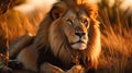 Majestic Lion Resting in Serene African Savanna at Golden Hour Royalty Free Stock Photo