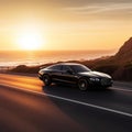 Coastal Sunrise Drive: Black Luxury Car Cruising Along Ocean Road