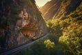 Train Through Mountain Tunnel at Sunset