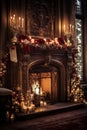 Cozy Fireplace with Stockings and Winter Landscape Royalty Free Stock Photo