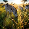 Zebras Grazing in Lush African Plain