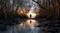 Romantic Sunset Photoshoot: Man Walking On Water In Mangroves Royalty Free Stock Photo