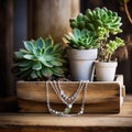 Elegant Silver Necklace & Bohemian Accessories on Rustic Display Shelf