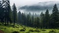 Misty British Forest With Pine Trees A Serene And Enchanting Landscape