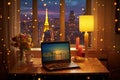 Stunning Photography of Laptop Near Table Lamp, Roses Vase on Desk and Lights Effect Interior Background. Generative AI