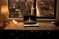 Stunning Photography of New York City in Laptop Screen with Illuminated Glass Candles on Desk Full of