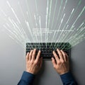 A stunning photorealistic flat lay view of hands quickly typing code on a minimalist keyboard on a clean concrete desk, featuring Royalty Free Stock Photo