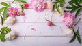 Stunning pink peonies on white rustic wooden background. Copy space Royalty Free Stock Photo