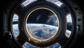 A stunning planet is viewed from the porthole window of a starship.