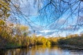 Stunning pond surrounded by colourful fall leaves on trees