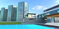 Stunning pool with glowing turquoise water under the blue sky. Newly constructed apartment buildings complex with day illuminated