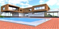 Stunning pool with white marble border in the yard of the suburban house. Red brick pavement. 3d rendering