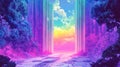 Surreal dimension portal opens amid glitch art columns with vibrant colors and heavy static