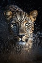 Stunning portrait of a leopard in the river splashing water and looking directly at camera. World Wildlife Conservation concept