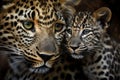 Stunning portrait of mother and baby leopard. Amazing wild life. Generative Ai
