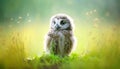 In Sun-kissed Meadow: Capturing the Innocence of a Beautiful Baby Owl in Summer Grass. Generative AI Royalty Free Stock Photo