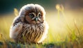 In Sun-kissed Meadow: Capturing the Innocence of a Beautiful Baby Owl in Summer Grass. Generative AI