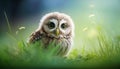 In Sun-kissed Meadow: Capturing the Innocence of a Beautiful Baby Owl in Summer Grass. Generative AI