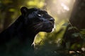 Stunning portrait of a wild black jaguar in the jungle under the rays of the sun at dawn. Beautiful panther. Amazing wildlife.