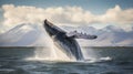 A stunning poster depicting a humpback whale in its natural environment. Huge jump of a humpback whale. Generative AI