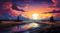 Colorful Sunset Landscape Illustration With Fluid Style