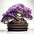 Violet Bonsai Tree With Purple Flowers In Wood Pot
