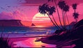Purple Pink 8bit Retro Sunset Poster - Generative Ai Illustration