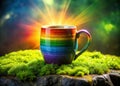 Stunning Rainbow Ceramic Mug Set Against a Background of Mossy Stone with Dramatic Cinematic Lighting Royalty Free Stock Photo