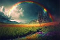 Stunning rainbow over beautiful meadow